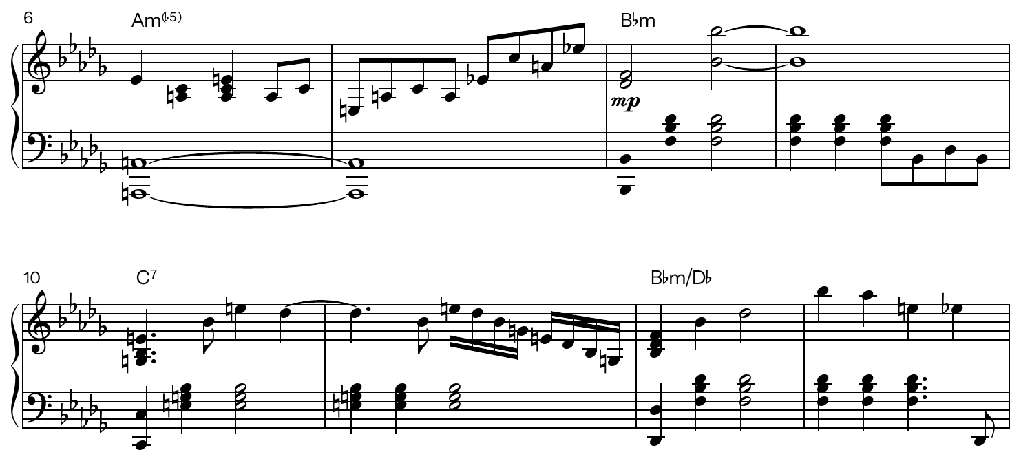 French theme, bars 6–13 for piano: A half-diminished, B-flat minor, C7, B-flat minor over D-flat