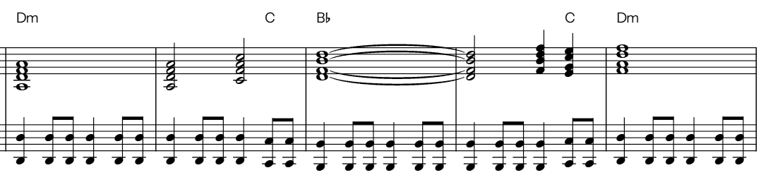 Nelson's motif: sustained chords D minor, C, B-flat, C, D minor over a steady eighth-note bass