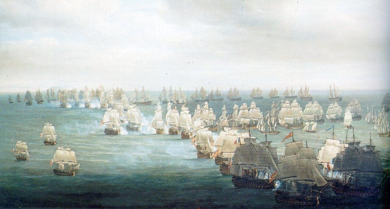 Nicholas Pocock's panorama of the battle: lines of sailing warships under smoke on a calm green sea