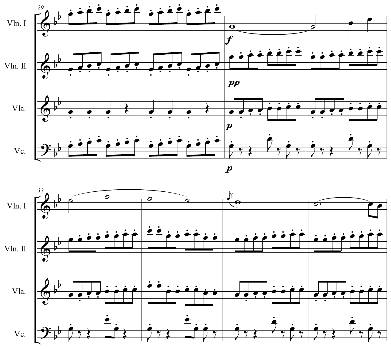 Conductor's score of The Line for two violins, viola and cello, bars 29 to 36, where the first violins enter forte with the melody