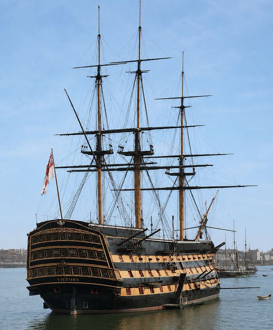 HMS Victory at Portsmouth, three masts rigged, under a blue sky